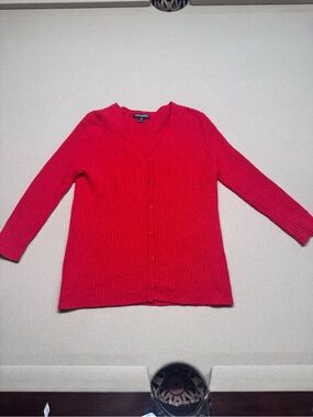 State Cashmere Red Ribbed V‑Neck Button Cardigan